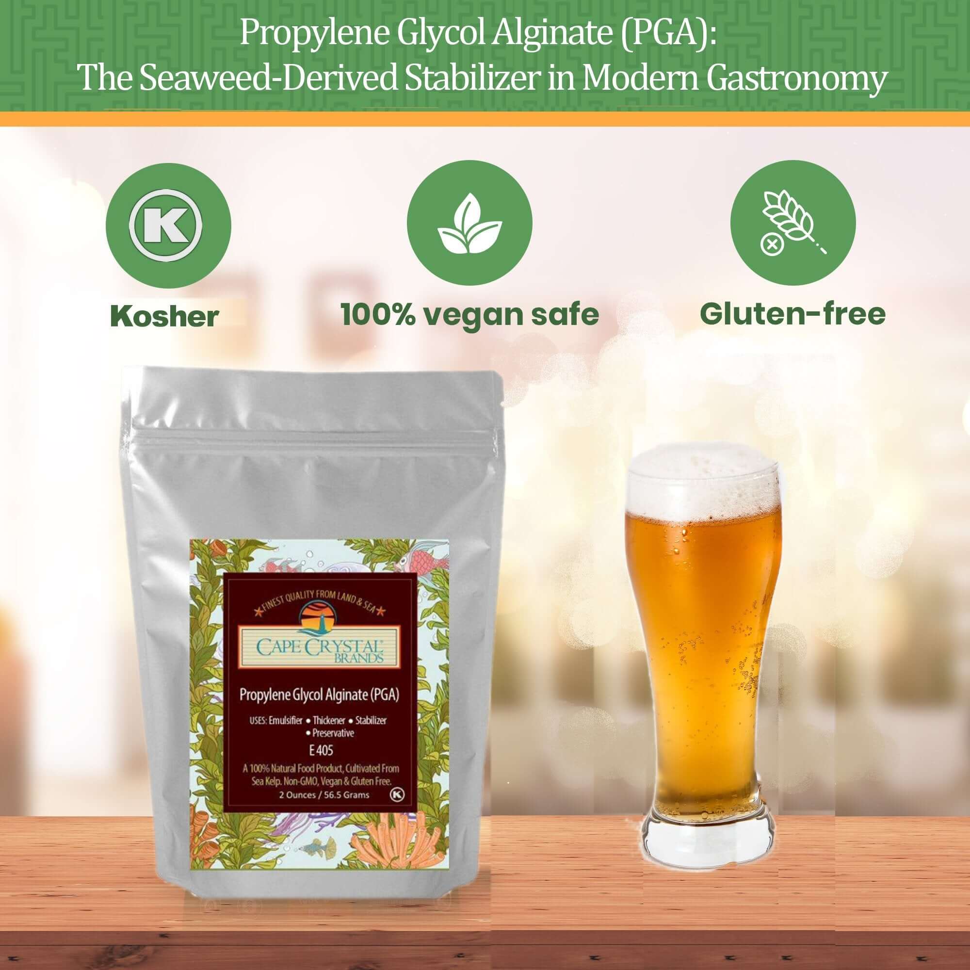 Propylene Glycol Alginate (PGA) package with a glass of beer, highlighting its kosher, vegan, and gluten-free attributes.