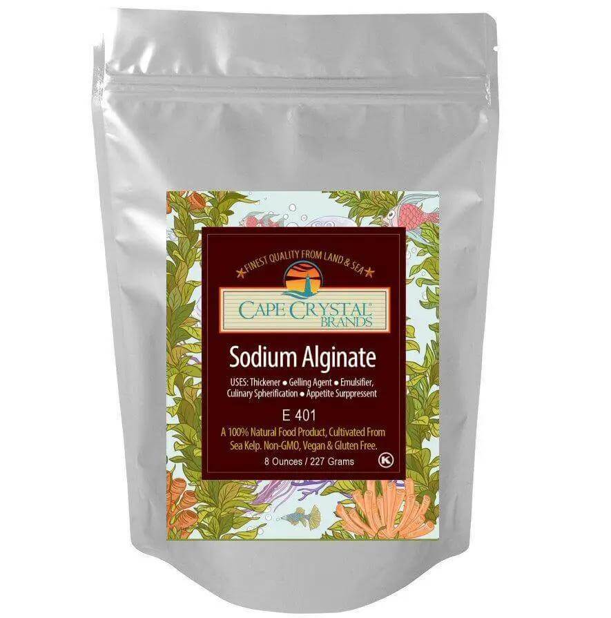 Sodium Alginate 8 oz package by Cape Crystal, food-grade thickener and emulsifier from sea kelp, non-GMO, vegan, gluten-free.