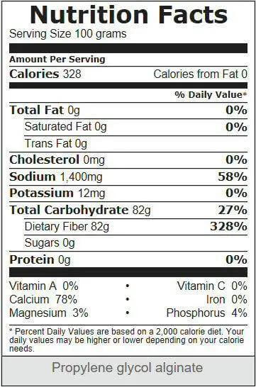 Propylene Glycol Alginate nutritional facts with 328 calories, 0g fat, 82g carbohydrates, 0g protein, and 1400mg sodium per 100g.
