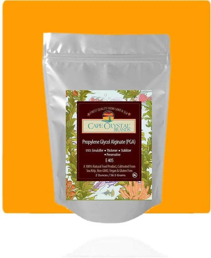 Pack of Propylene Glycol Alginate (PGA) premium food-grade emulsifier and stabilizer in silver pouch against orange background.
