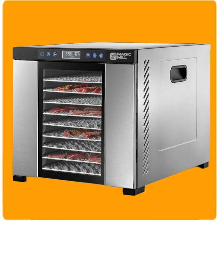 Magic Mill Food Dehydrator with 11 Stainless Steel Trays for drying jerky, fruits, and herbs.