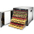 Magic Mill Food Dehydrator Machine with 11 stainless steel trays, loaded with sliced fruits and vegetables, open door view.