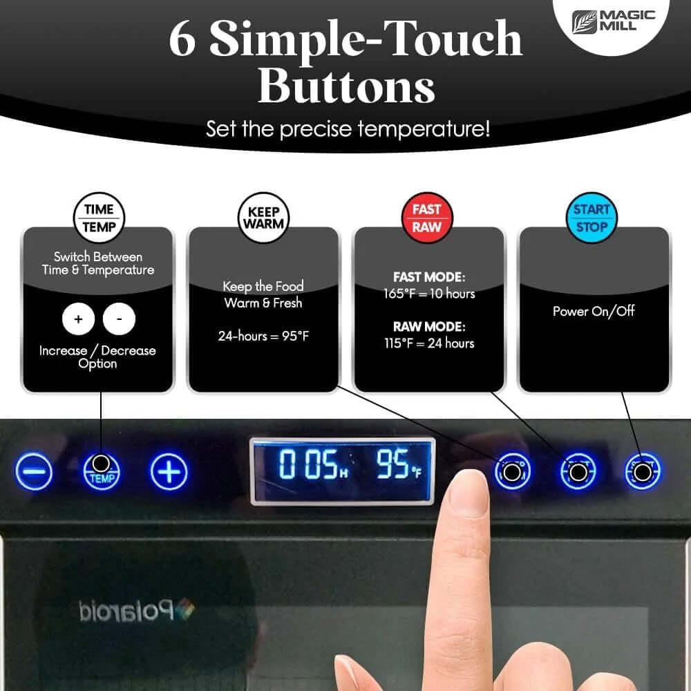 Magic Mill Food Dehydrator Machine control panel with 6 simple-touch buttons for temperature and time adjustments.