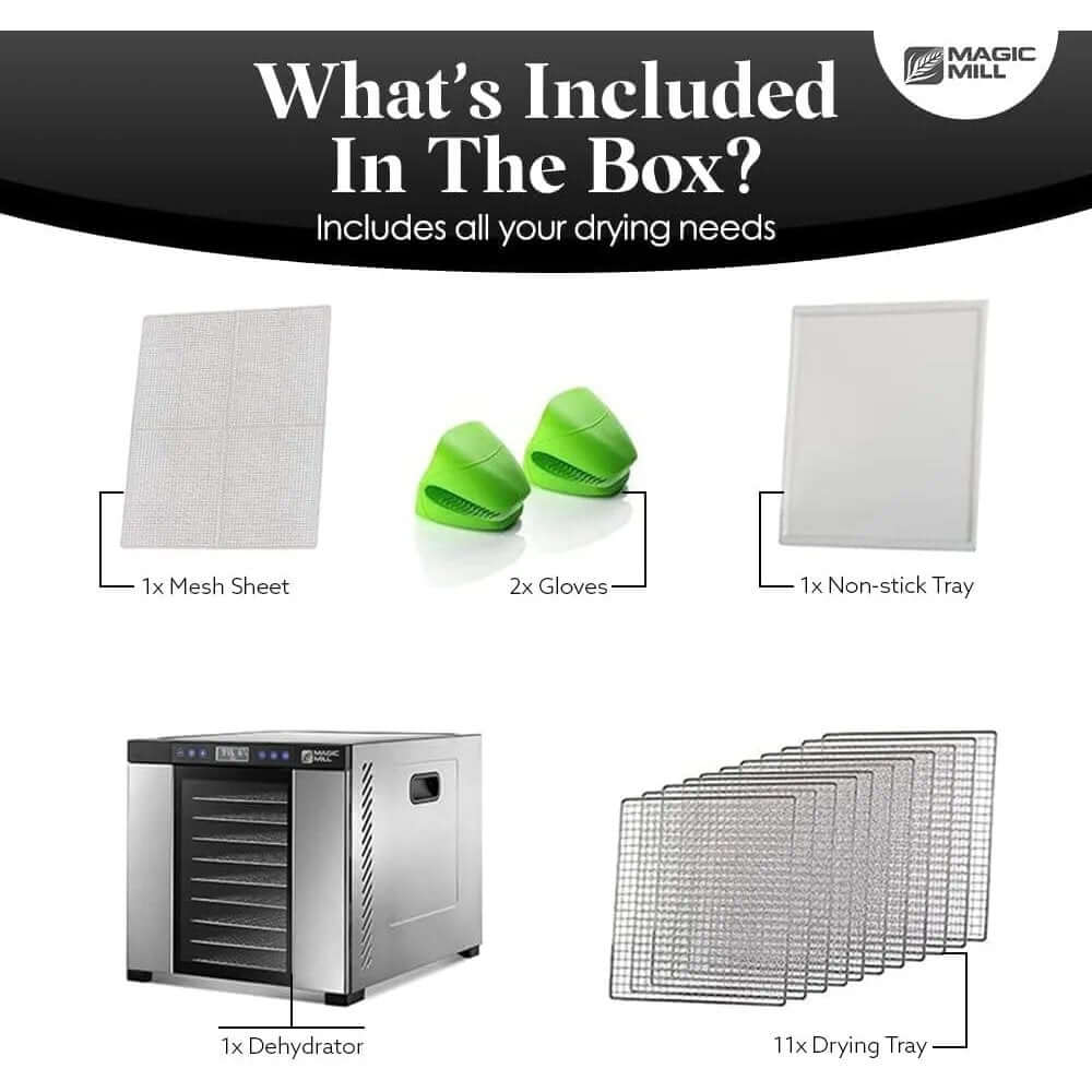 Contents of Magic Mill Food Dehydrator box including 11 drying trays, dehydrator, mesh sheet, non-stick tray, and gloves.
