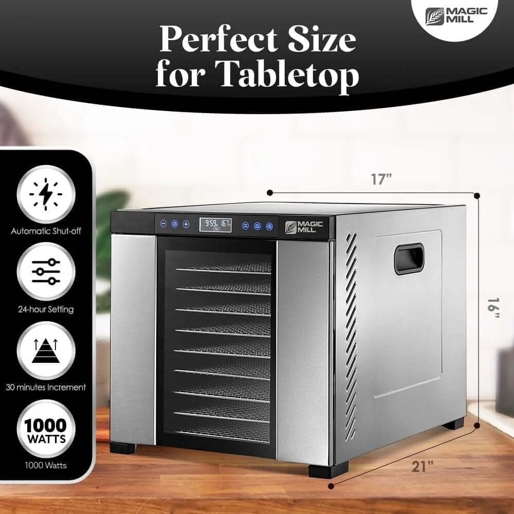 Magic Mill Food Dehydrator Machine with LCD display and 11 stainless steel trays, shown on a tabletop, ideal for jerky and herbs drying.