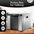 Magic Mill Food Dehydrator Machine with LCD display and 11 stainless steel trays, shown on a tabletop, ideal for jerky and herbs drying.