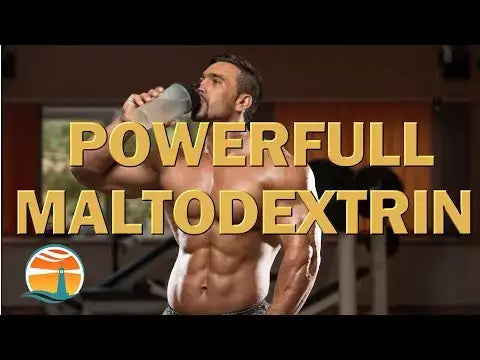 Bodybuilder drinking supplement with "Powerful Maltodextrin" text highlighted for sports nutrition benefits.