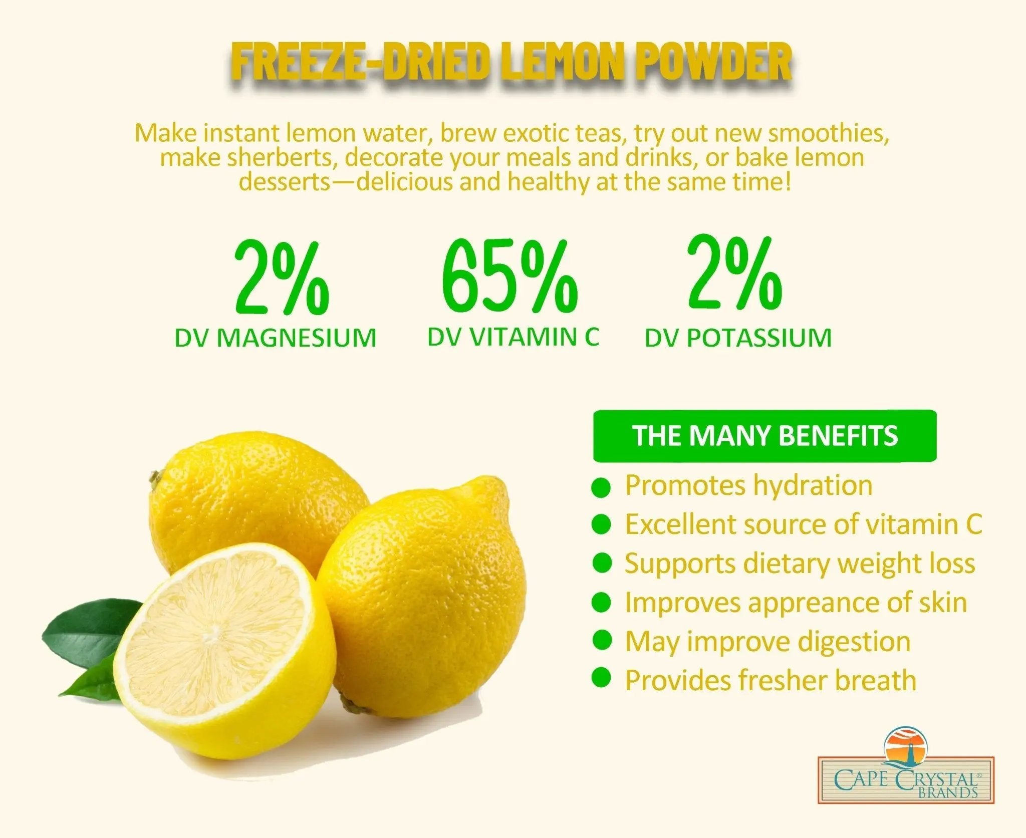 Cape Crystal Lemon Powder Goodness – 8-oz., Freeze-Dried for Superior Taste, USDA Certified Organic, Non-GMO, Gluten Free, Vegan - Cape Crystal Brands