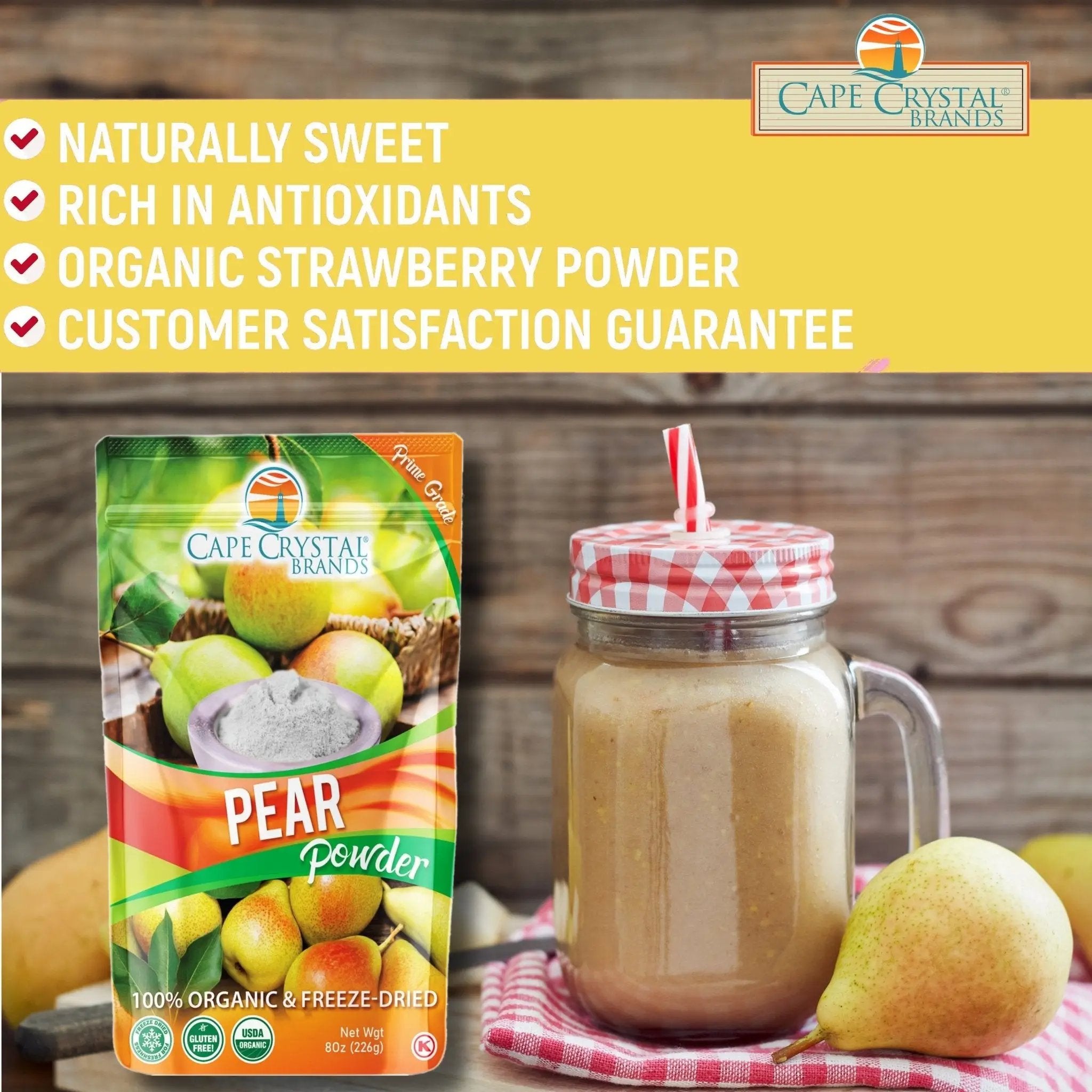 Cape Crystal Pear Powder Goodness – 8-oz., Freeze-Dried for Superior Taste, USDA Certified Organic, Non-GMO, Gluten Free, Vegan - Cape Crystal Brands