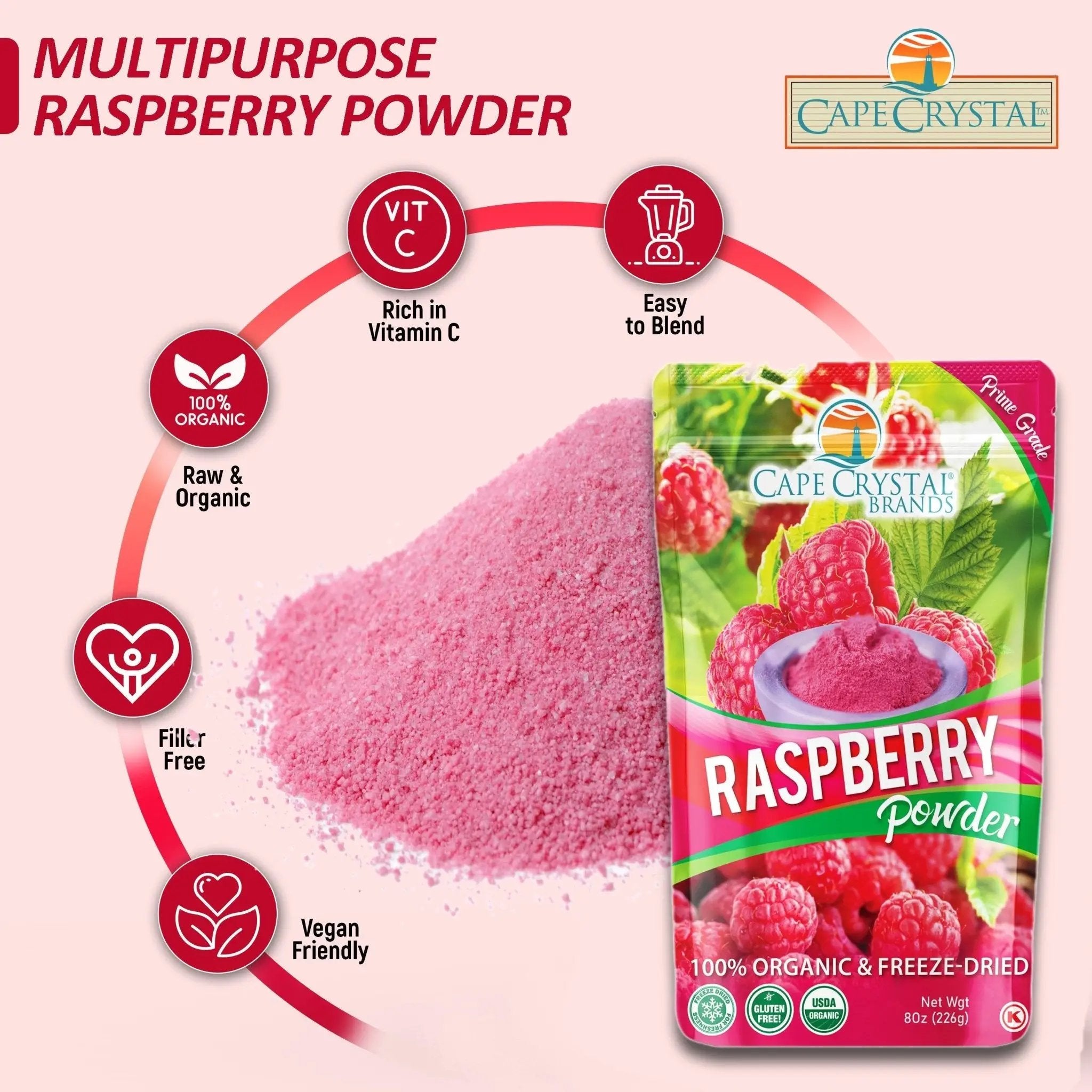 Cape Crystal Raspberry Powder 8 Oz – USDA Certified Organic, Freeze-dried (Equivalent to 800 Raspberries), Vegan, Non-GMO: Whole-Berry Powder - Cape Crystal Brands
